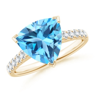 10mm AAA V-Prong Set Trillion Swiss Blue Topaz Ring with Diamonds in Yellow Gold