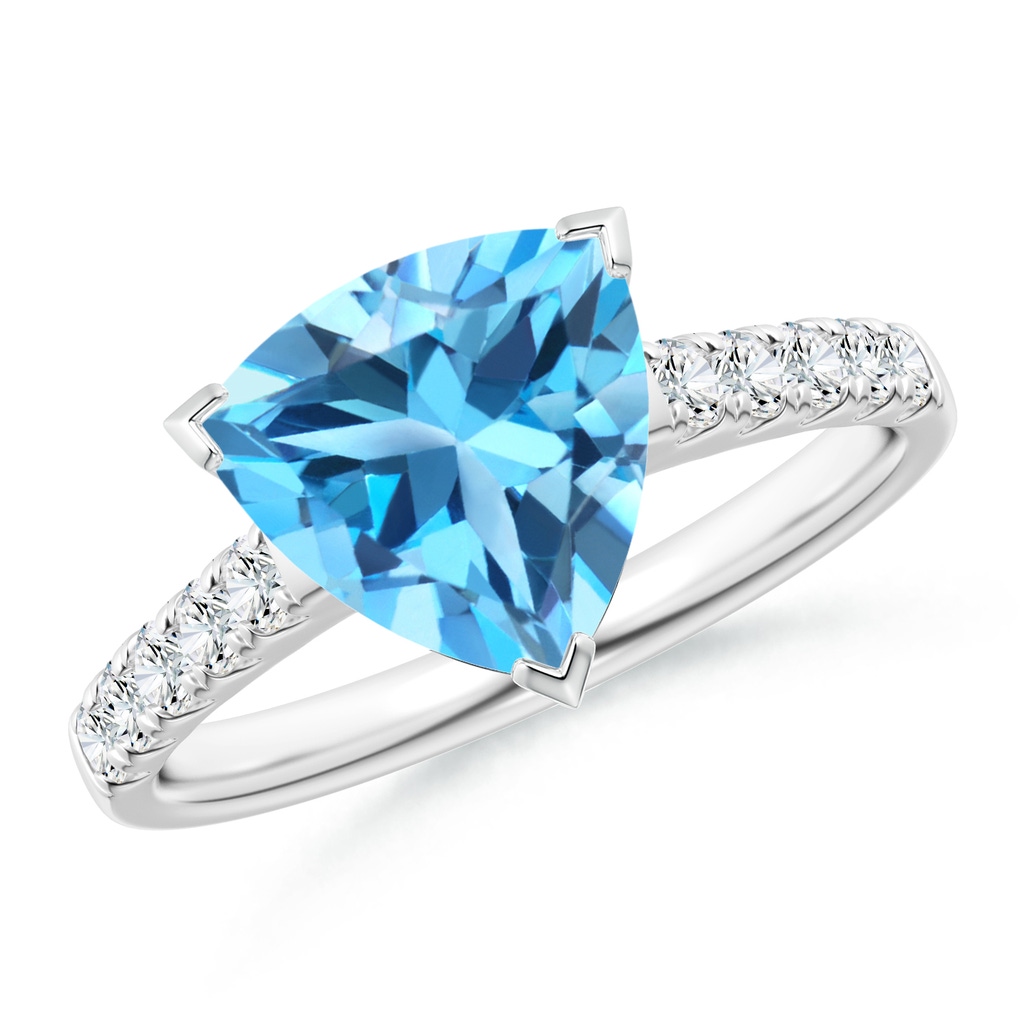 9mm AAA V-Prong Set Trillion Swiss Blue Topaz Ring with Diamonds in White Gold