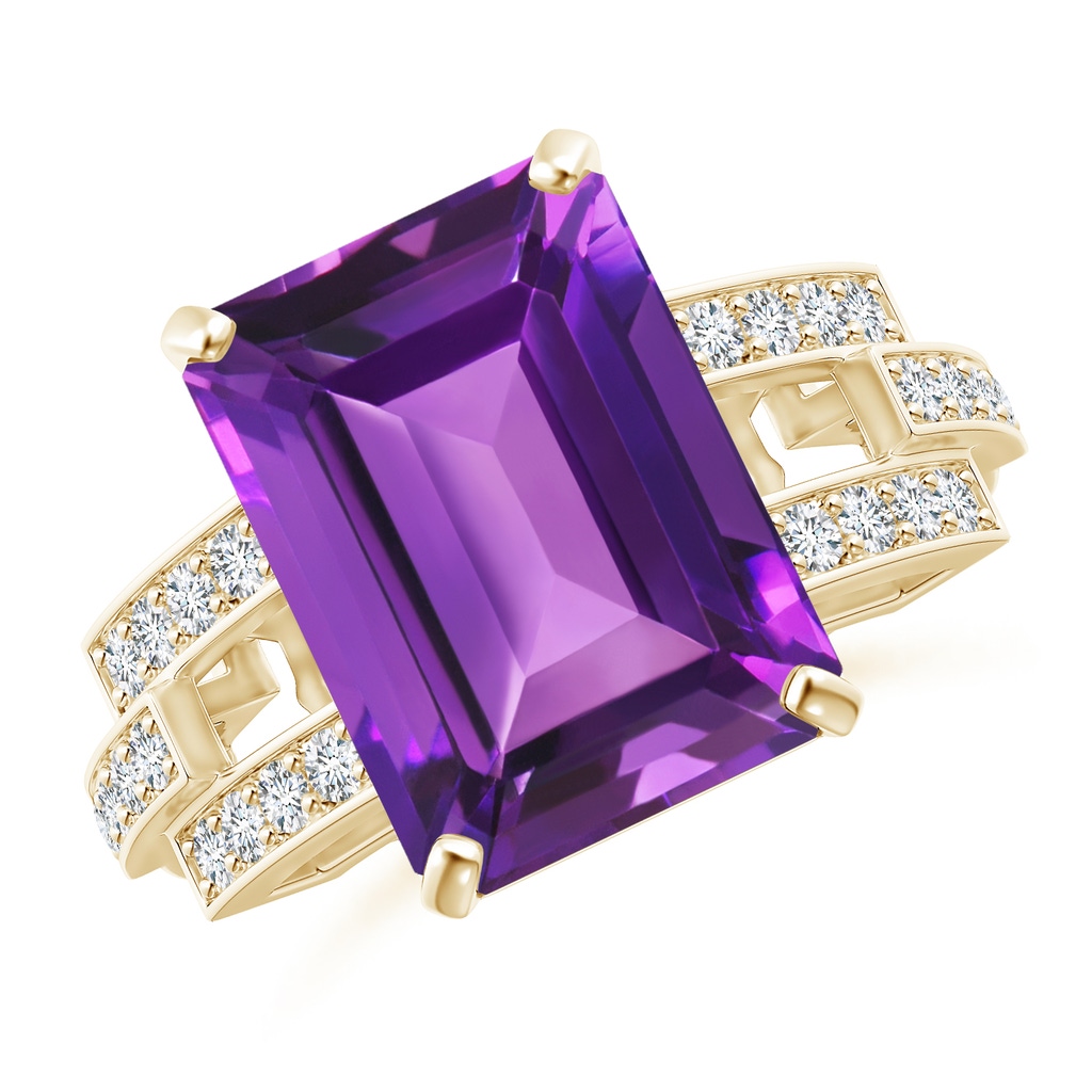 14x10mm AAAA Classic Emerald-Cut Amethyst Solitaire Ring with Diamonds in Yellow Gold 