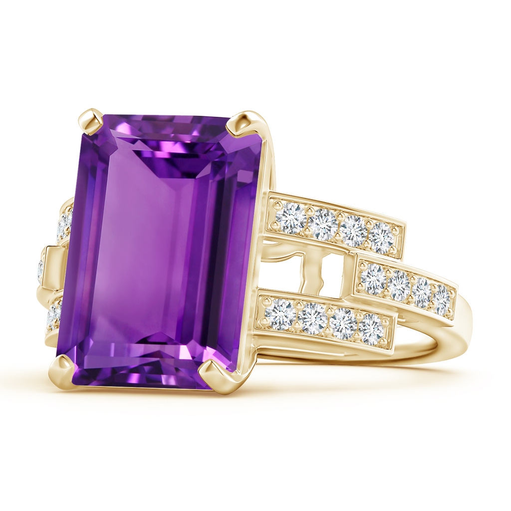 14x10mm AAAA Classic Emerald-Cut Amethyst Solitaire Ring with Diamonds in Yellow Gold Product Image