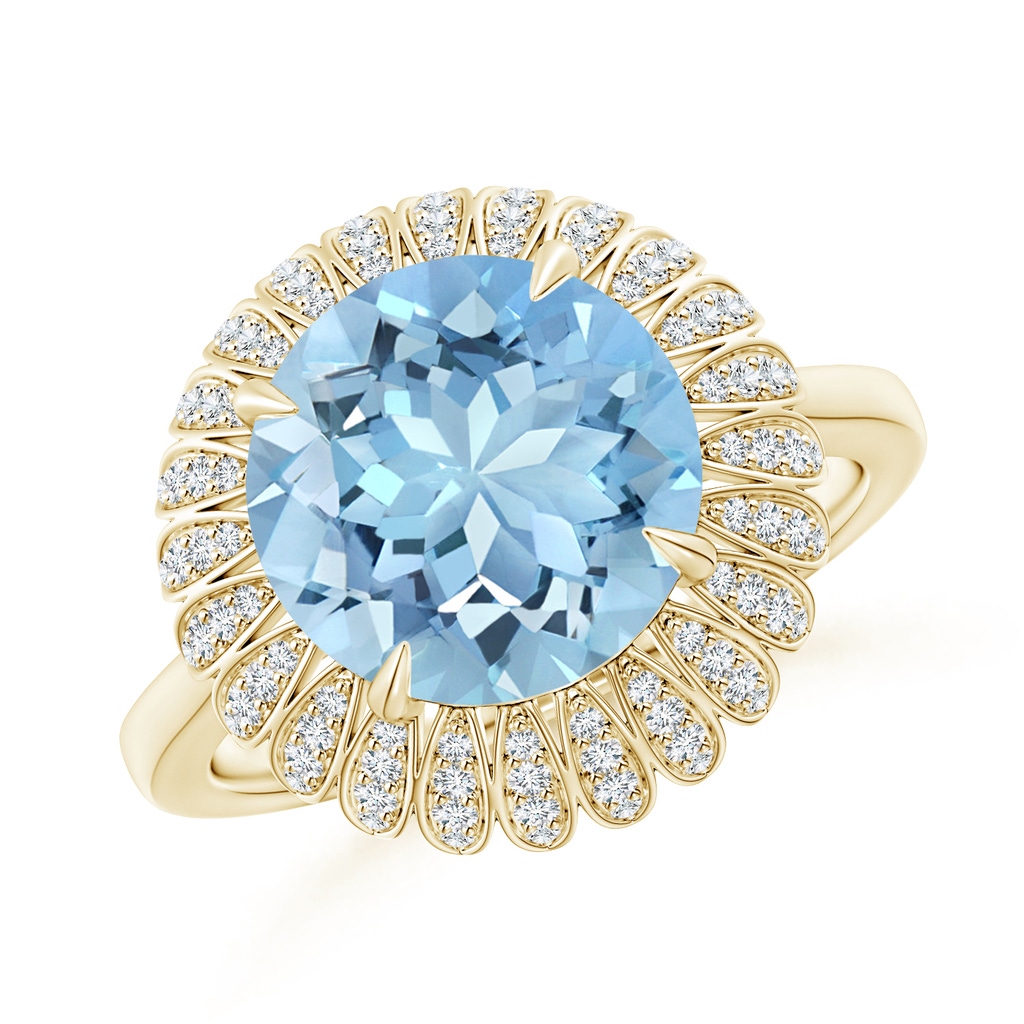 10mm AAAA Aquamarine Sunflower Inspired Cocktail Ring with Diamonds in Yellow Gold