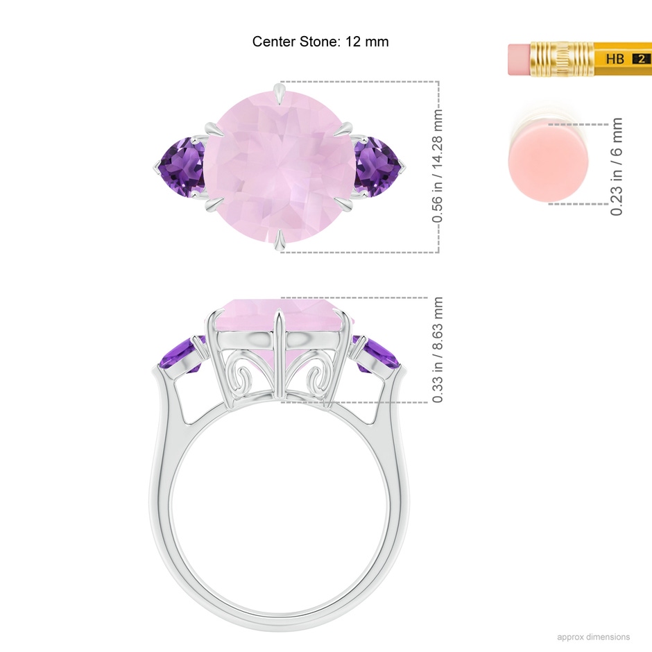 12mm AAA Rose Quartz & Amethyst Three Stone Cocktail Ring in White Gold ruler