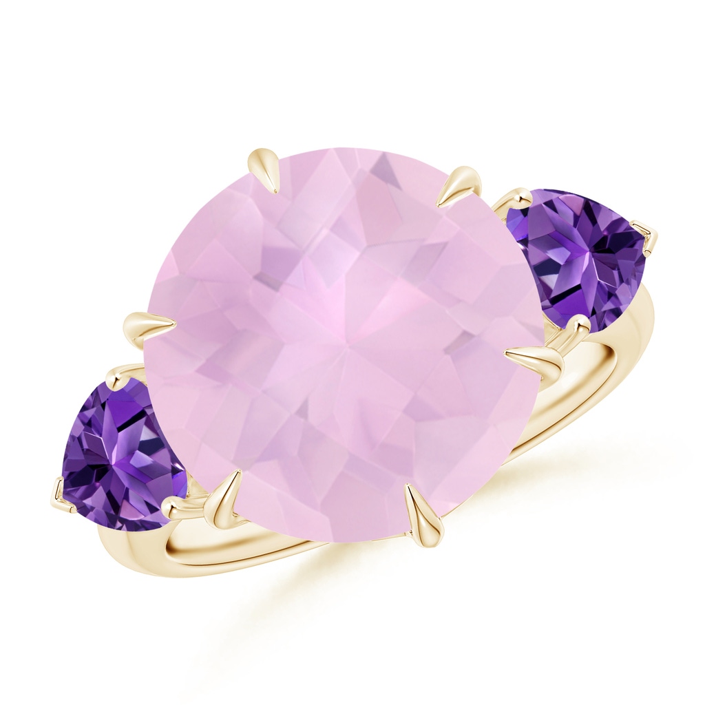 13mm AAAA Rose Quartz & Amethyst Three Stone Cocktail Ring in Yellow Gold