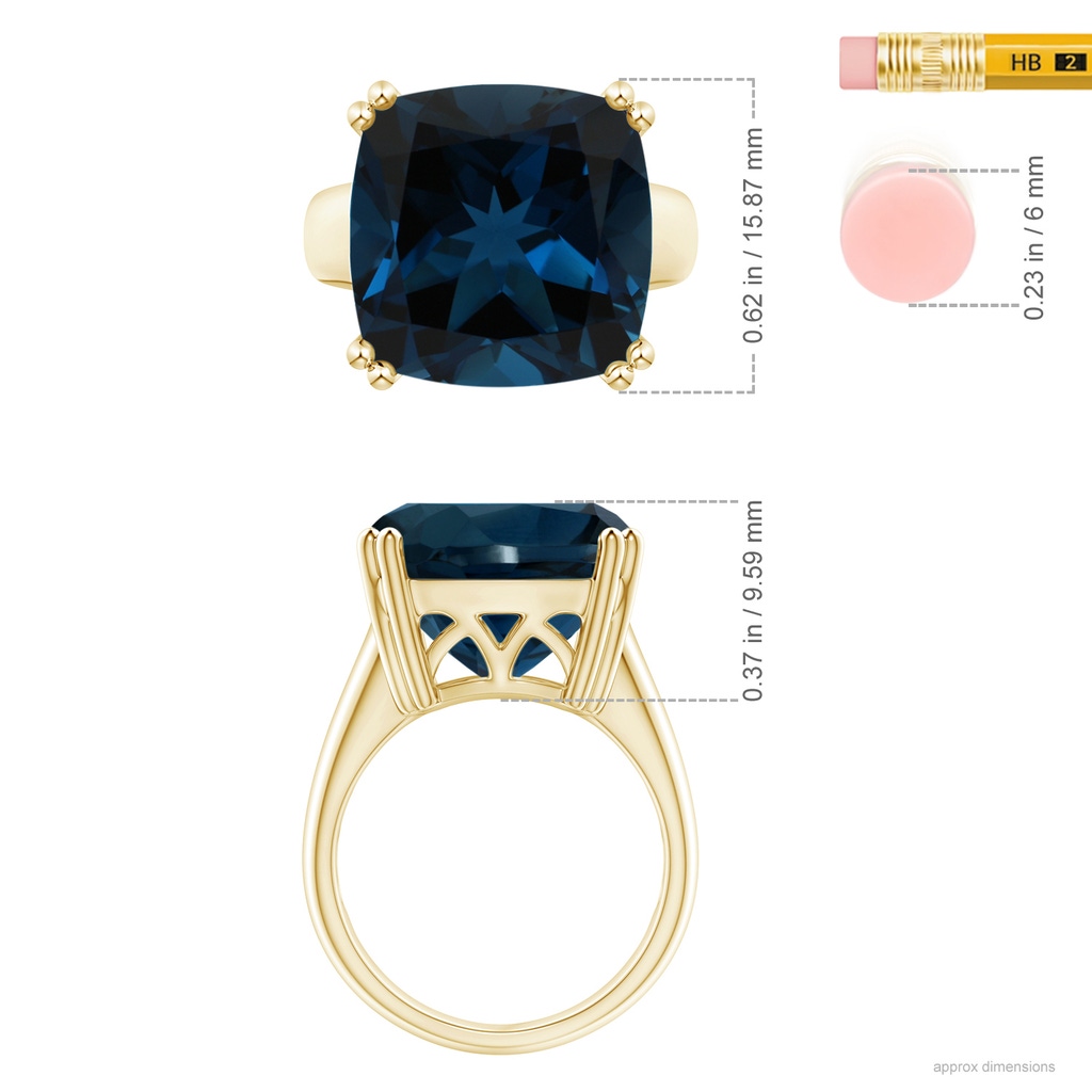 14.11x14.07x9.25mm AAA Solitaire GIA Certified Cushion London Blue Topaz Tapered Shank Ring in 10K Yellow Gold ruler