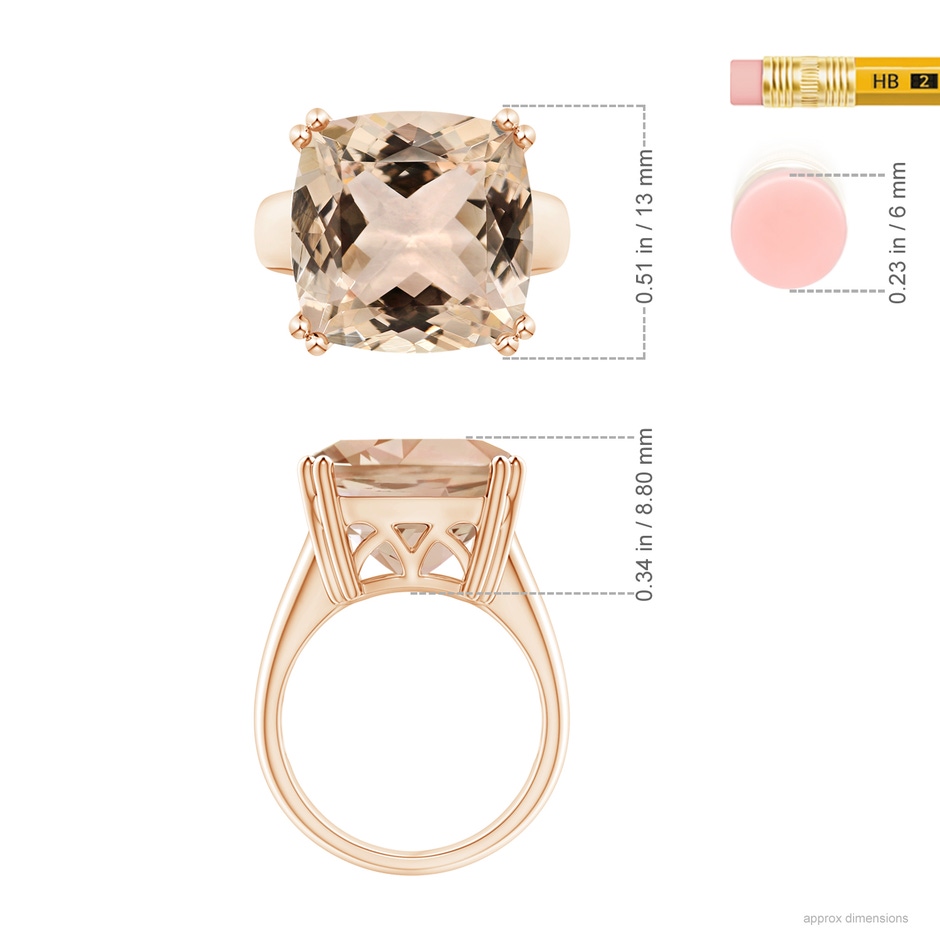 12.92x12.78x7.57mm AAA GIA Certified Solitaire Cushion Morganite Tapered Shank Ring in Rose Gold ruler