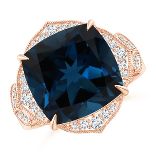 14.11x14.07x9.25mm AAA Art Deco Style GIA Certified London Blue Topaz Ring with Leaf Motifs in 18K Rose Gold