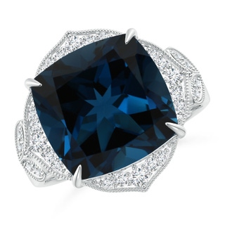 14.11x14.07x9.25mm AAA Art Deco Style GIA Certified London Blue Topaz Ring with Leaf Motifs in 18K White Gold
