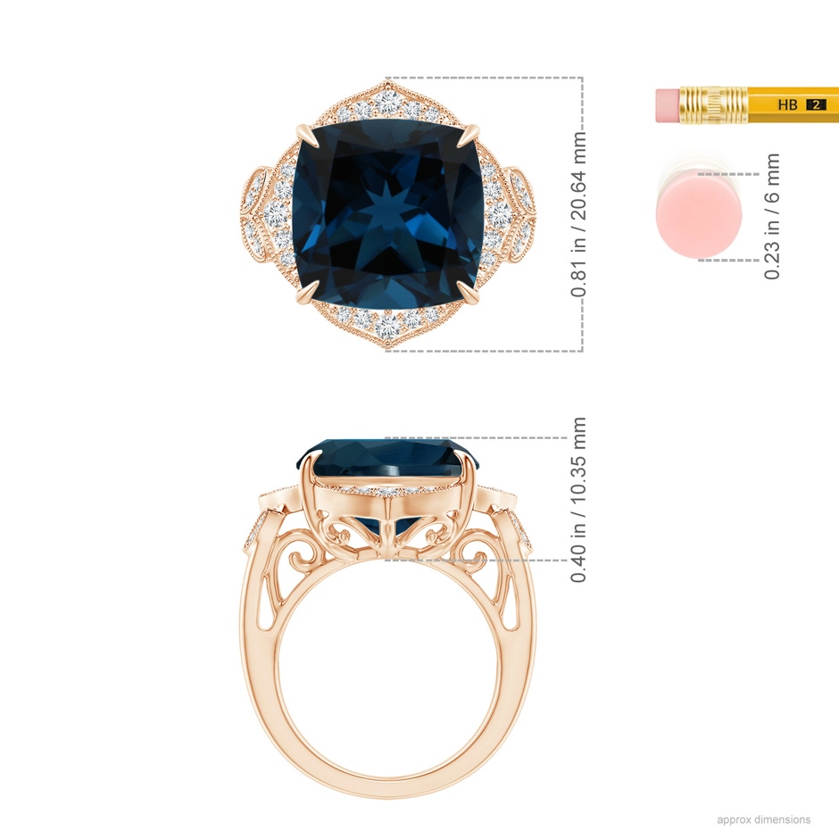 14.11x14.07x9.25mm AAA Art Deco Style GIA Certified London Blue Topaz Ring with Leaf Motifs in Rose Gold ruler