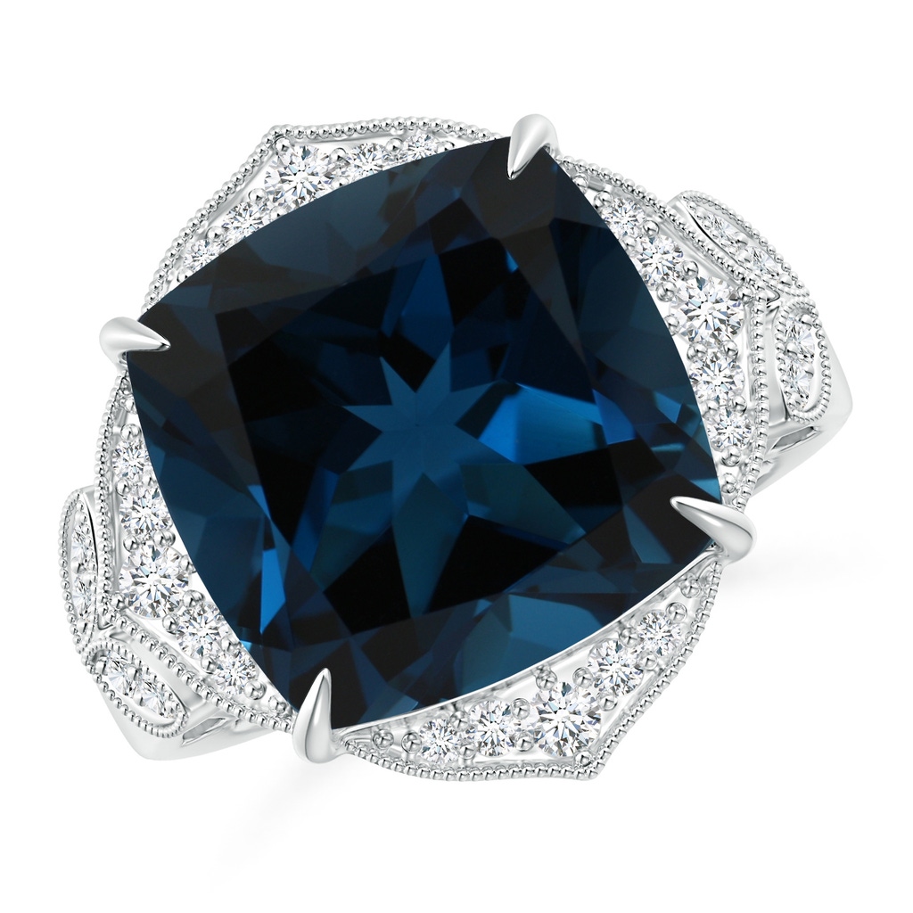 14.11x14.07x9.25mm AAA Art Deco Style GIA Certified London Blue Topaz Ring with Leaf Motifs in White Gold