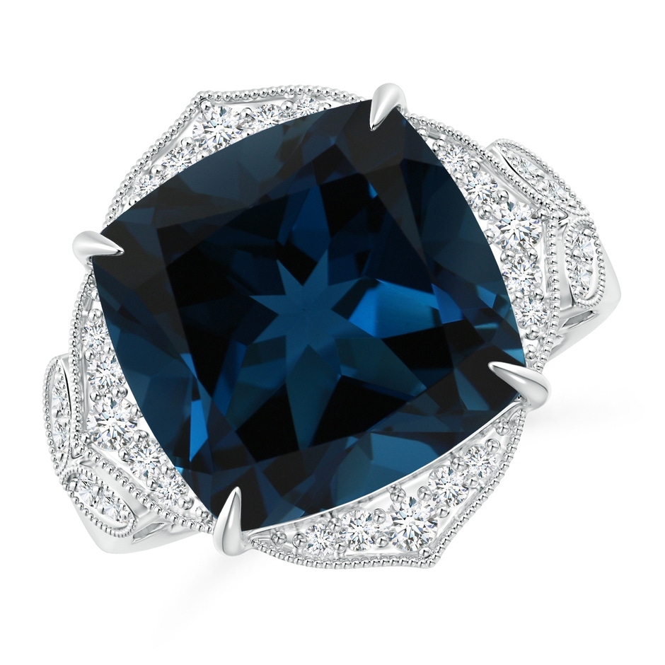 14.11x14.07x9.25mm AAA Art Deco Style GIA Certified London Blue Topaz Ring with Leaf Motifs in White Gold 