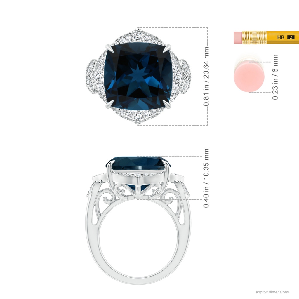 14.11x14.07x9.25mm AAA Art Deco Style GIA Certified London Blue Topaz Ring with Leaf Motifs in White Gold ruler