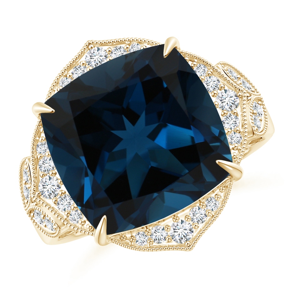 14.11x14.07x9.25mm AAA Art Deco Style GIA Certified London Blue Topaz Ring with Leaf Motifs in Yellow Gold 