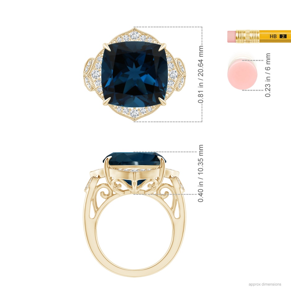 14.11x14.07x9.25mm AAA Art Deco Style GIA Certified London Blue Topaz Ring with Leaf Motifs in Yellow Gold ruler