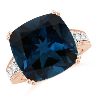 14.11x14.07x9.25mm AAA GIA Certified Cushion London Blue Topaz Solitaire Ring with Diamonds in 10K Rose Gold