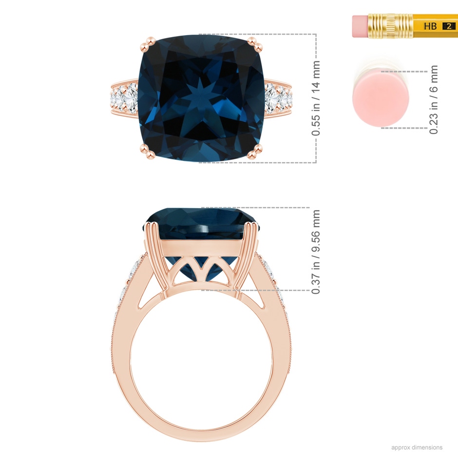 14.11x14.07x9.25mm AAA GIA Certified Cushion London Blue Topaz Solitaire Ring with Diamonds in 18K Rose Gold ruler