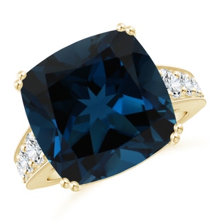 14.11x14.07x9.25mm AAA GIA Certified Cushion London Blue Topaz Solitaire Ring with Diamonds in 18K Yellow Gold