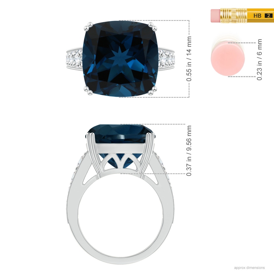 14.11x14.07x9.25mm AAA GIA Certified Cushion London Blue Topaz Solitaire Ring with Diamonds in White Gold ruler