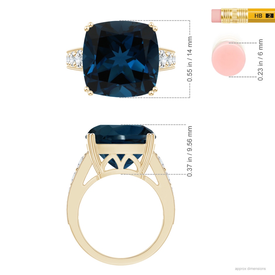 14.11x14.07x9.25mm AAA GIA Certified Cushion London Blue Topaz Solitaire Ring with Diamonds in Yellow Gold ruler