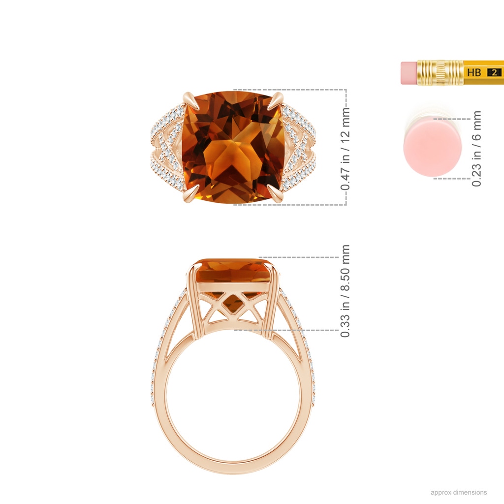 12.15x12.13x7.77mm AAAA GIA Certified Classic Cushion Citrine Crossover Shank Ring in Rose Gold ruler
