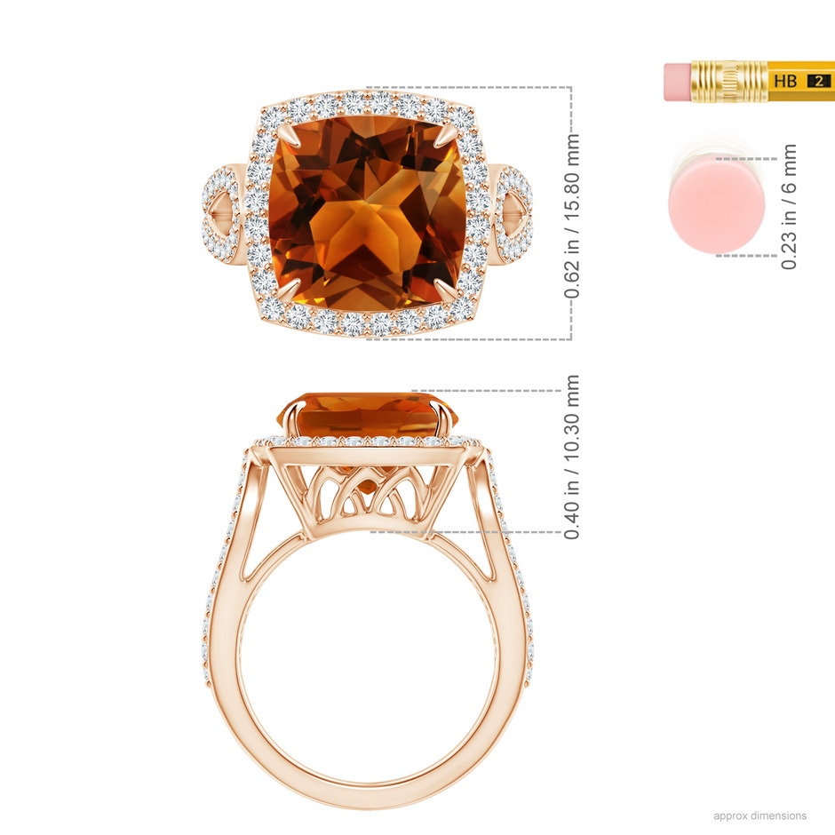 12.15x12.13x7.77mm AAAA GIA Certified Vintage Style Cushion Citrine Split Shank Ring in Rose Gold ruler