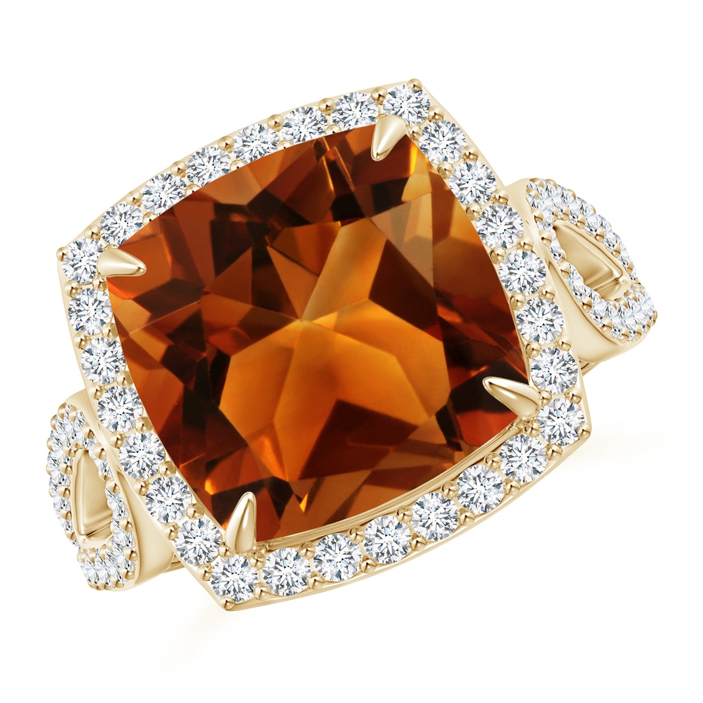 12.15x12.13x7.77mm AAAA GIA Certified Vintage Style Cushion Citrine Split Shank Ring in Yellow Gold