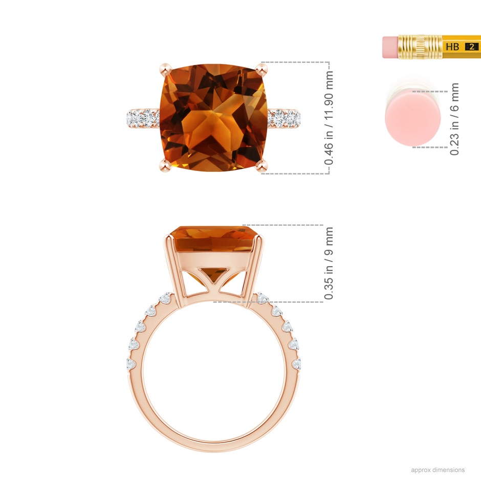 12.15x12.13x7.77mm AAAA GIA Certified Cushion Citrine Ring with U Pave-Set Diamonds in 18K Rose Gold ruler