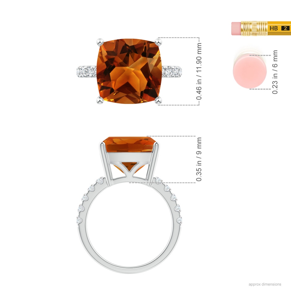 12.15x12.13x7.77mm AAAA GIA Certified Cushion Citrine Ring with U Pave-Set Diamonds in 18K White Gold ruler