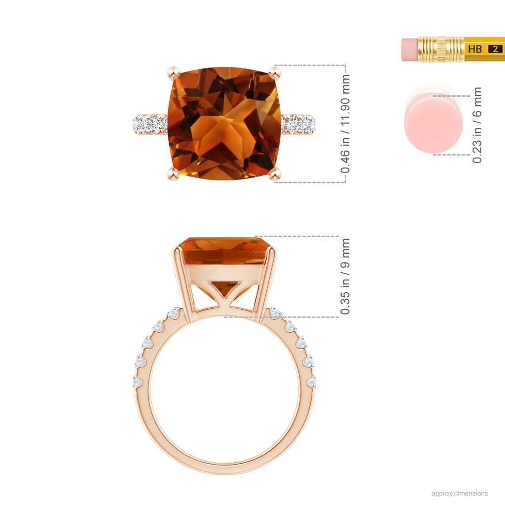 12.15x12.13x7.77mm AAAA GIA Certified Cushion Citrine Ring with U Pave-Set Diamonds in Rose Gold ruler