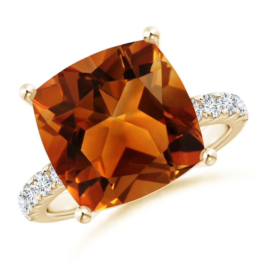 12.15x12.13x7.77mm AAAA GIA Certified Cushion Citrine Ring with U Pave-Set Diamonds in Yellow Gold