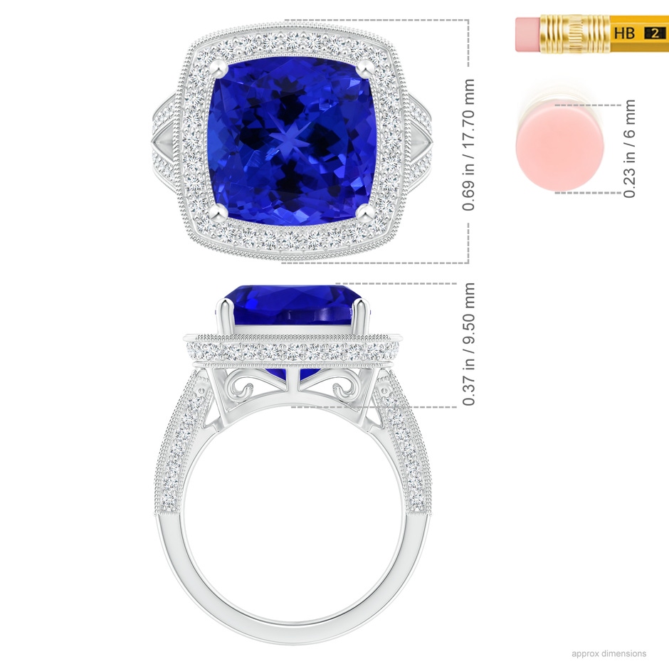 12.05x11.99x9.09mm AAAA GIA Certified Cushion Tanzanite Split Shank Halo Ring in 18K White Gold ruler