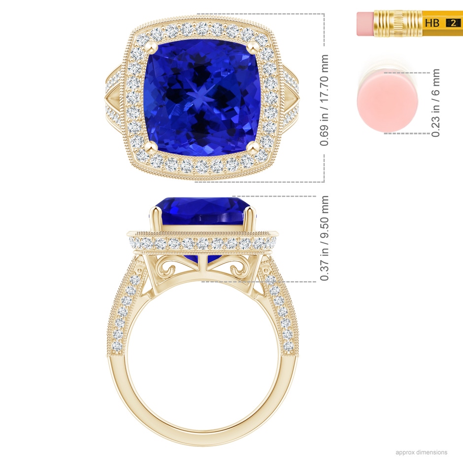 12.05x11.99x9.09mm AAAA GIA Certified Cushion Tanzanite Split Shank Halo Ring in Yellow Gold ruler