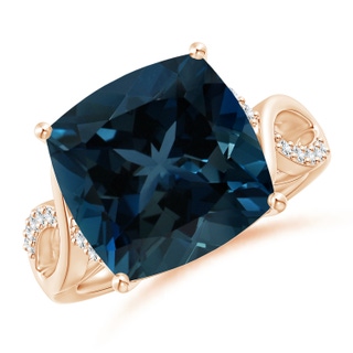 11.00x10.98x7.23mm AAAA GIA Certified Cushion London Blue Topaz Crossover Shank Ring in 10K Rose Gold