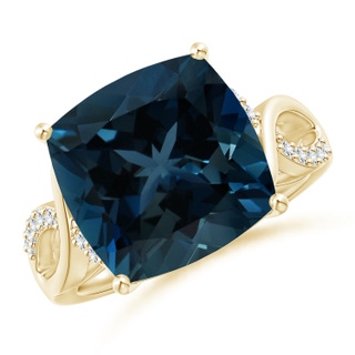 11.00x10.98x7.23mm AAAA GIA Certified Cushion London Blue Topaz Crossover Shank Ring in 18K Yellow Gold
