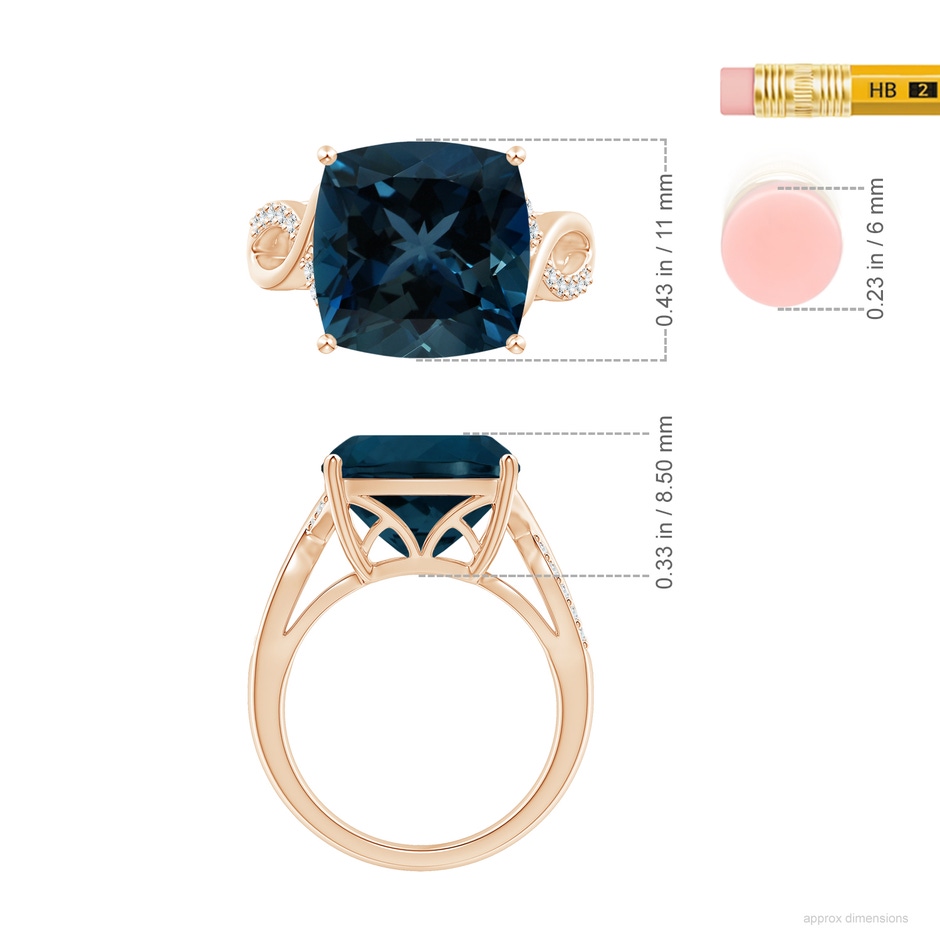 11.00x10.98x7.23mm AAAA GIA Certified Cushion London Blue Topaz Crossover Shank Ring in Rose Gold ruler