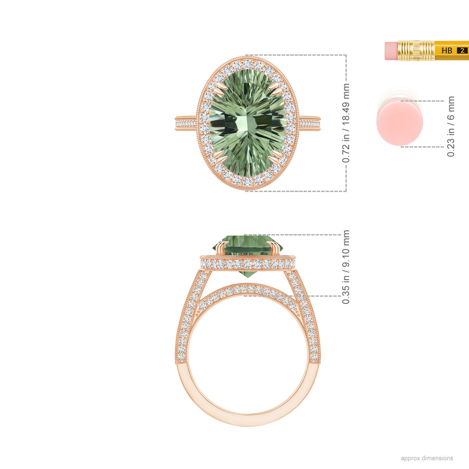 14.20x10.12x7.01mm AAAA GIA Certified Oval Green Amethyst Halo Ring with Milgrain in Rose Gold ruler