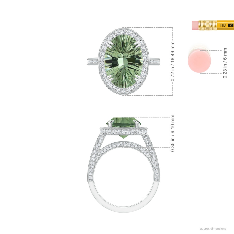 14.20x10.12x7.01mm AAAA GIA Certified Oval Green Amethyst Halo Ring with Milgrain in White Gold ruler