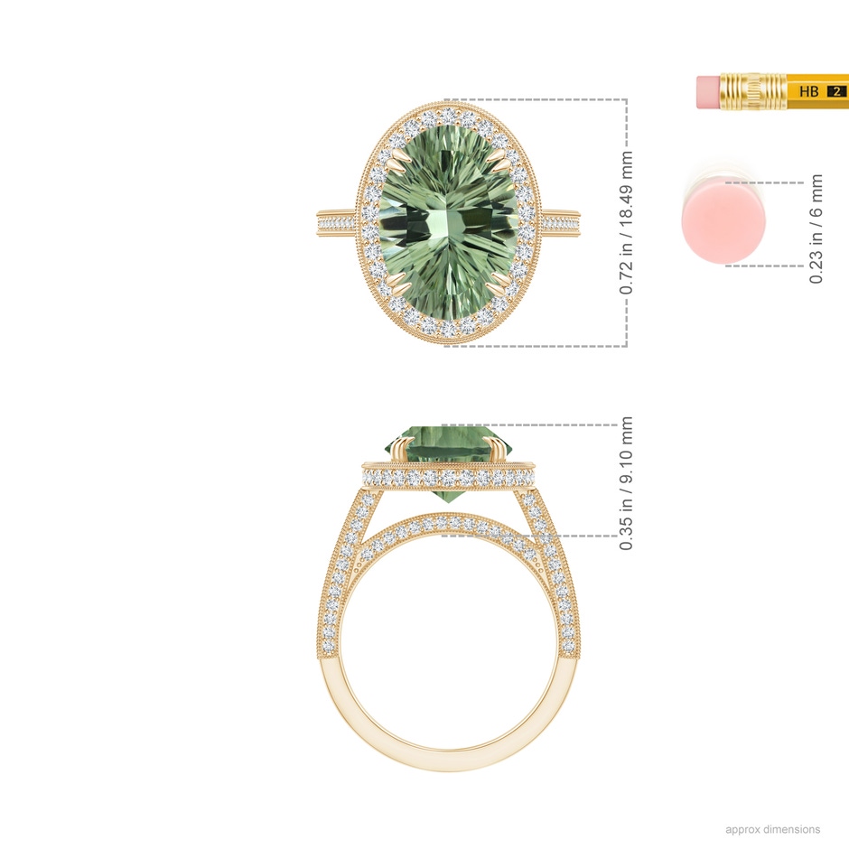 14.20x10.12x7.01mm AAAA GIA Certified Oval Green Amethyst Halo Ring with Milgrain in Yellow Gold ruler