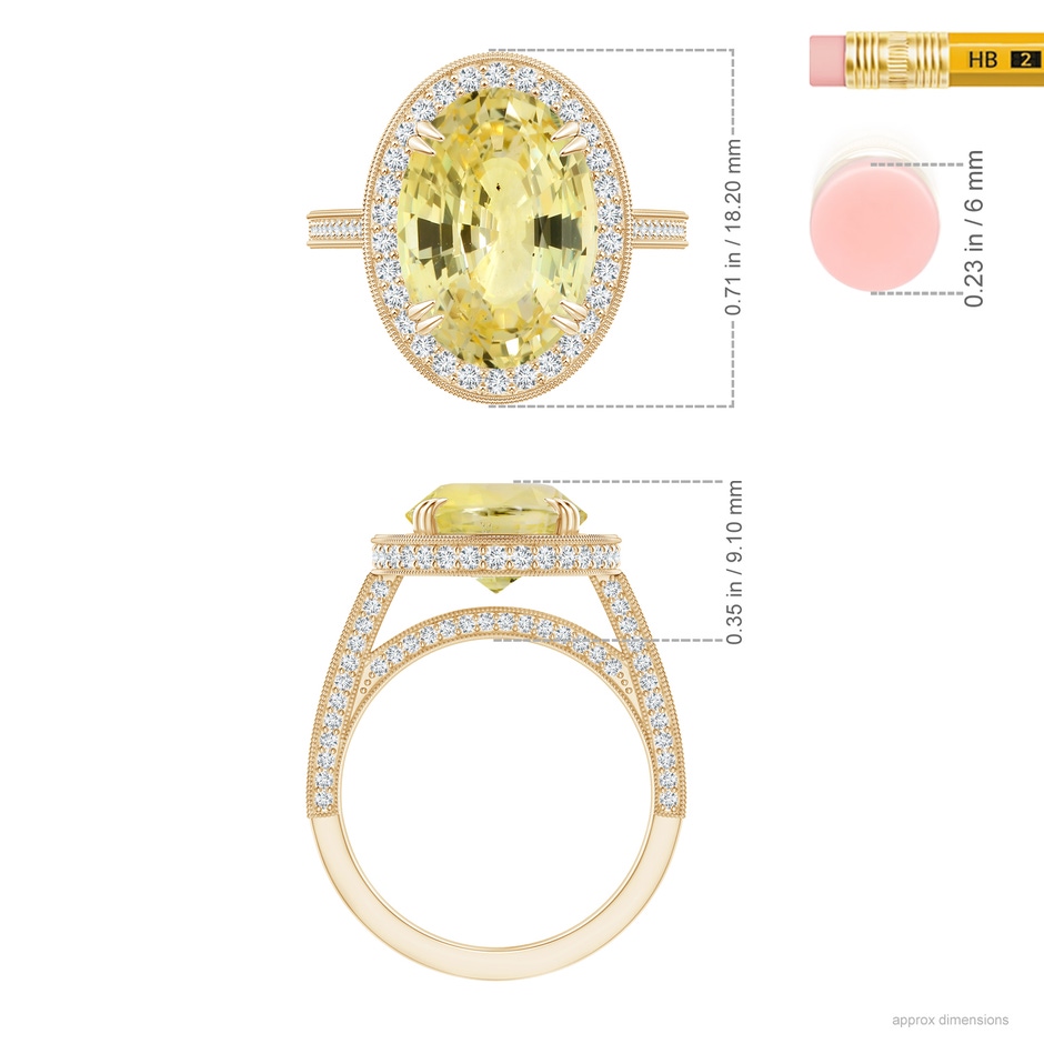 13.60x10.18x6.84mm AAA GIA Certified Oval Yellow Sapphire Halo Ring with Milgrain in Yellow Gold ruler