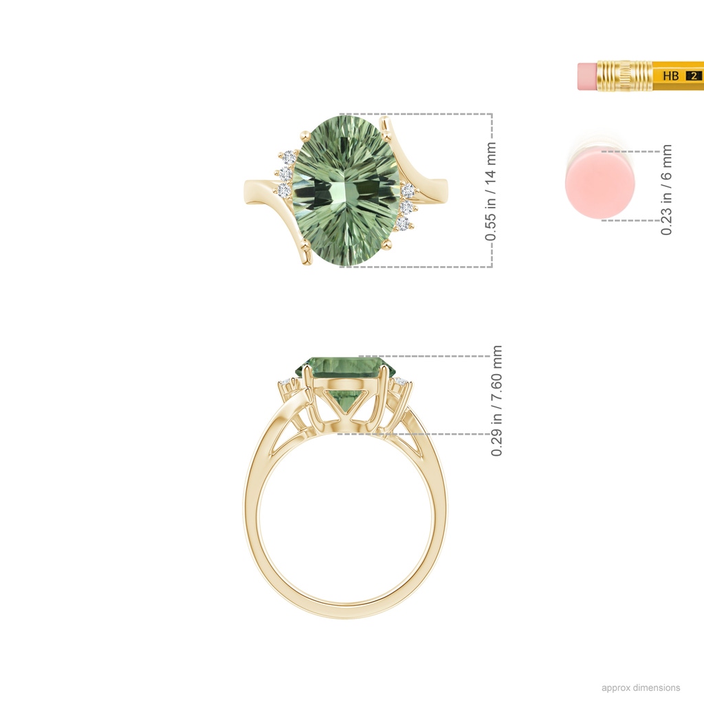 14.20x10.12x7.01mm AAAA GIA Certified Green Amethyst Bypass Ring with Diamonds in Yellow Gold ruler