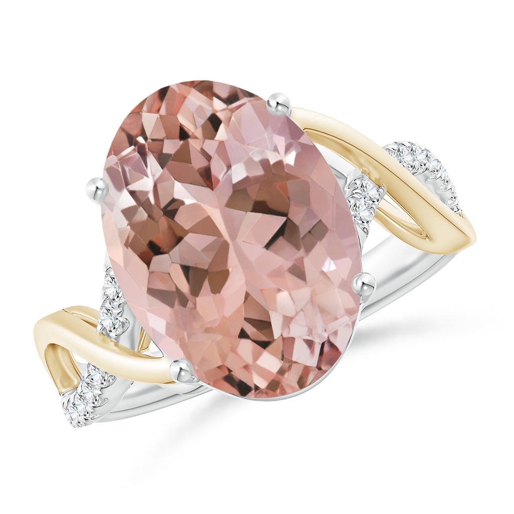 14x10mm AAAA Two Tone Oval Morganite Crossover Shank Ring with Diamonds in White Gold Yellow Gold