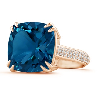 14mm AAAA Cushion London Blue Topaz Solitaire Ring with Pavé Diamonds in Rose Gold