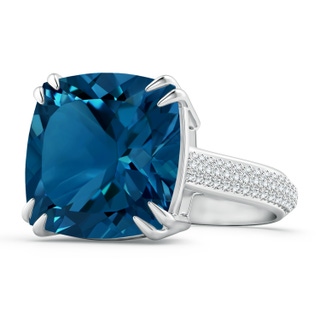 14mm AAAA Cushion London Blue Topaz Solitaire Ring with Pavé Diamonds in White Gold