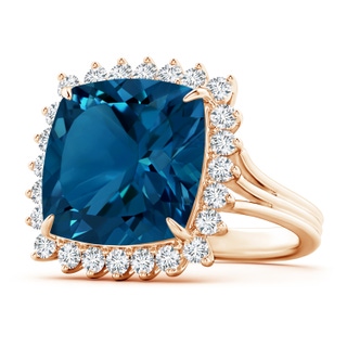 14mm AAAA Cushion London Blue Topaz Cocktail Ring with Floral Halo in Rose Gold