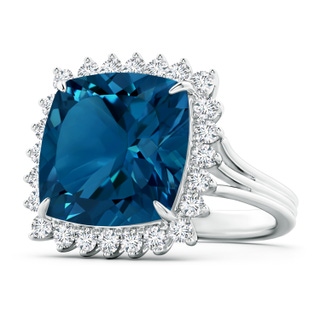 14mm AAAA Cushion London Blue Topaz Cocktail Ring with Floral Halo in White Gold
