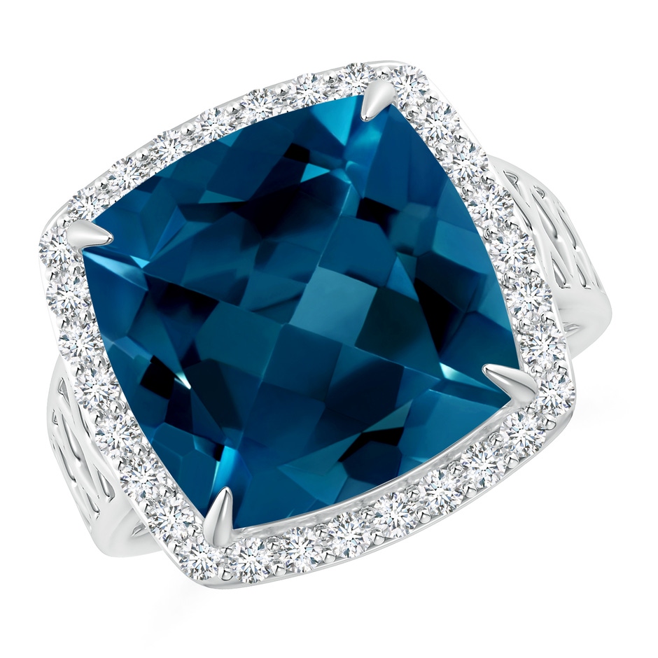 14mm AAAA Cushion London Blue Topaz Halo Ring with Geometric Motifs in White Gold product image