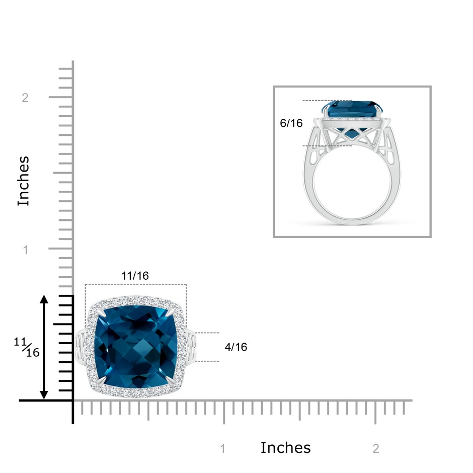 14mm AAAA Cushion London Blue Topaz Halo Ring with Geometric Motifs in White Gold product image