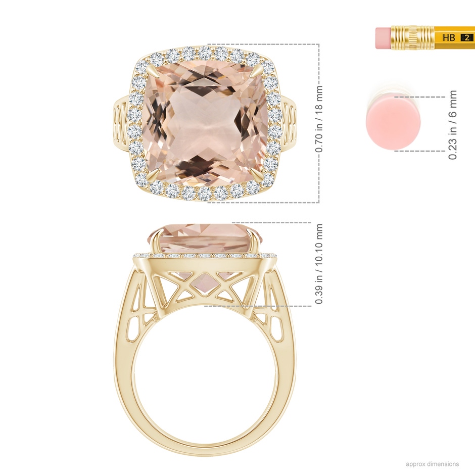13.95x13.89x8.07mm AAA Cushion GIA Certified Morganite Halo Ring in Yellow Gold ruler