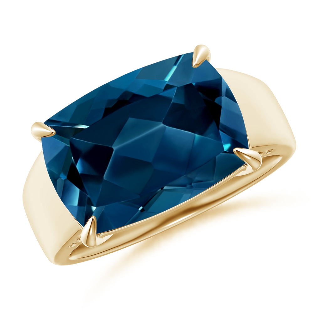 14x10mm AAAA Horizontal Cushion London Blue Topaz Cocktail Ring in Yellow Gold