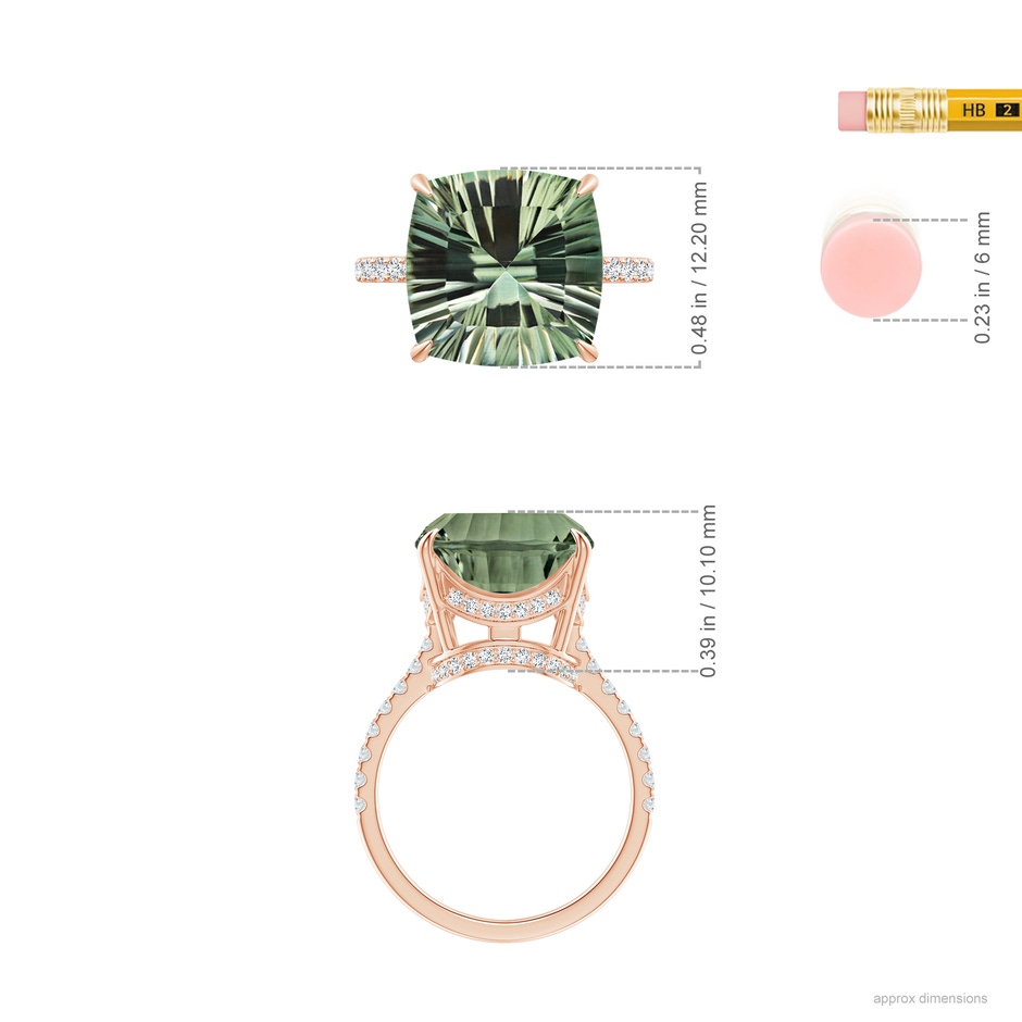 12.14x12.13x7.95mm AAA GIA Certified Cushion Green Amethyst Ring with Diamonds in 18K Rose Gold ruler