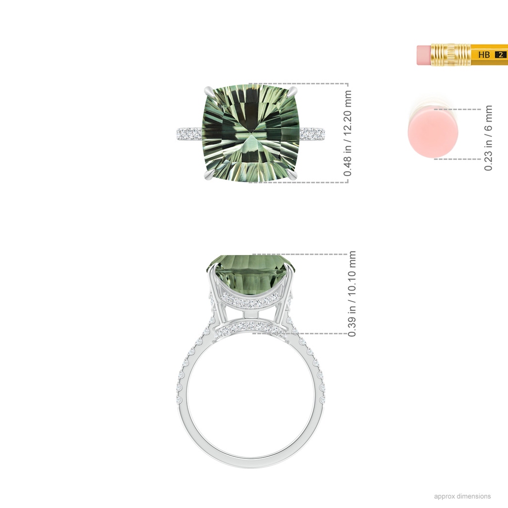12.14x12.13x7.95mm AAA GIA Certified Cushion Green Amethyst Ring with Diamonds in White Gold ruler